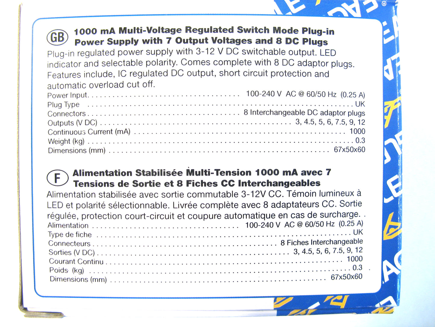 1000ma (1a) 3v,4.5v,5v,6v,7.5v,9v,12v 12w Universal Regulated AC/DC Switch Mode Power Adaptor - EA