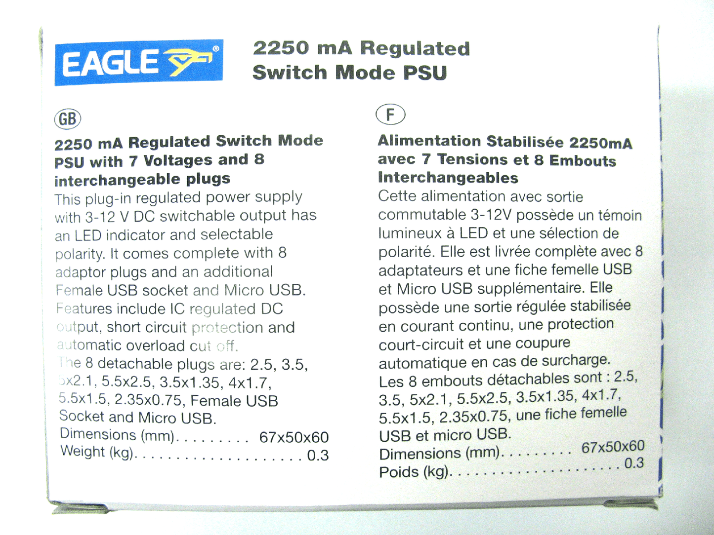2250ma (2.25a) 3v,4.5v,5v,6v,7.5v,9v,12v 27w Universal Regulated Switch Mode AC/DC Power Adaptor EA