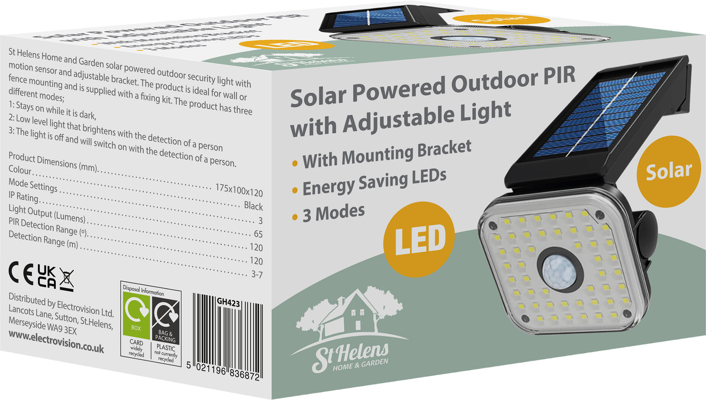 48 LED Solar Powered Outdoor Security Light With PIR And Adjustable bracket